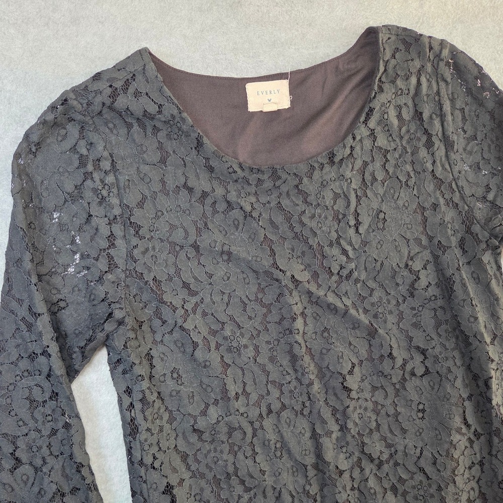 Everly Black Floral Lace Shift Dress Womens Medium 3/4 Sleeve Scoop Neck Mini